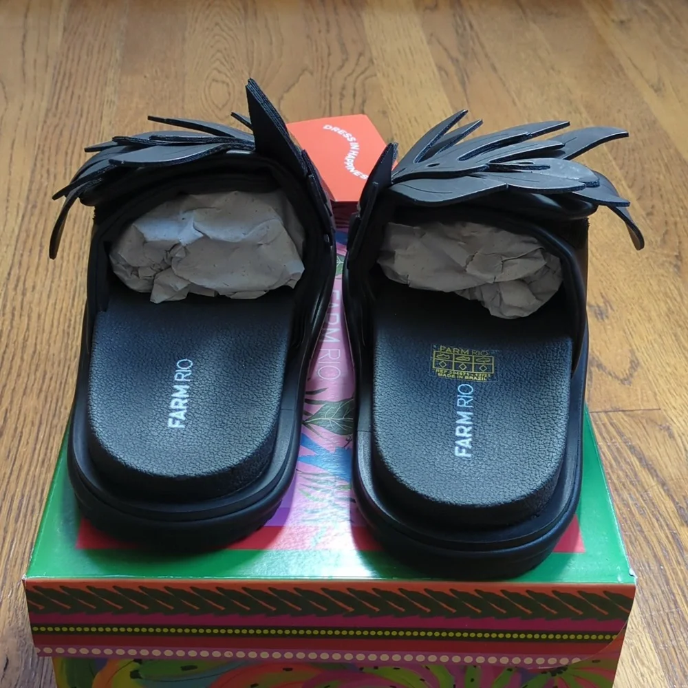NIB FARM Rio Monstera Anatomic Slide Sandals In Black Women's Size 6